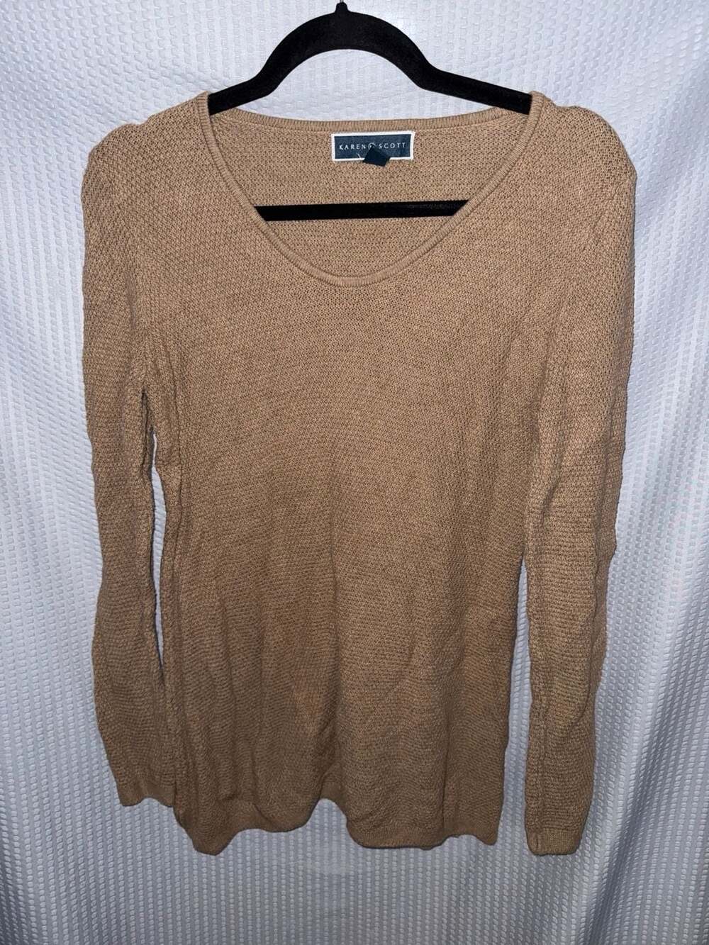 Karen Scott Sweater Size S Brown Knit V-Neck Long Sleeve